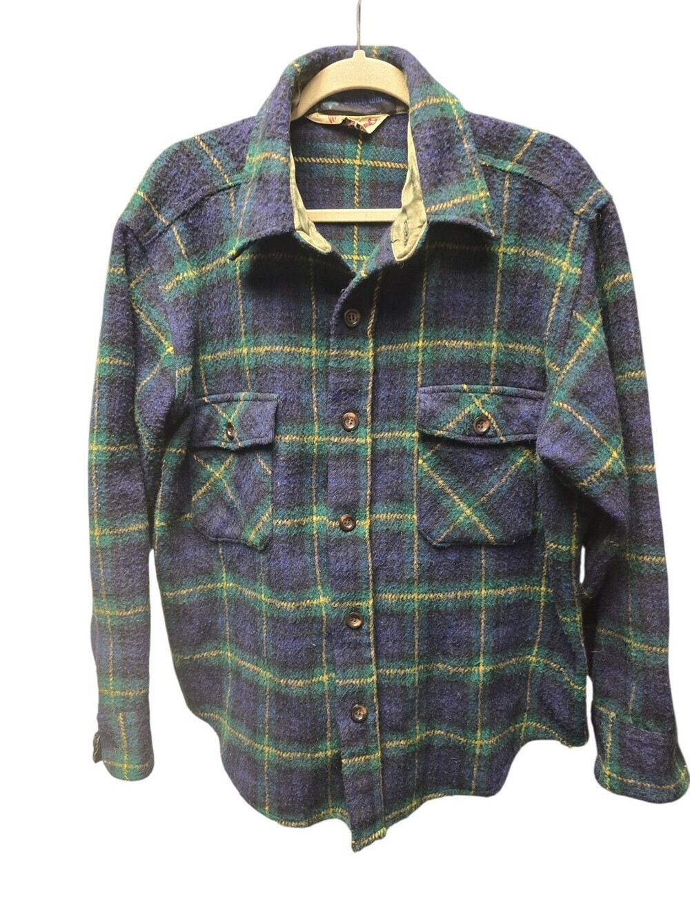 Vintage Peters Whaler Men's Plaid Wool Button-Up Jacket Navy, Green & Yellow SzL
